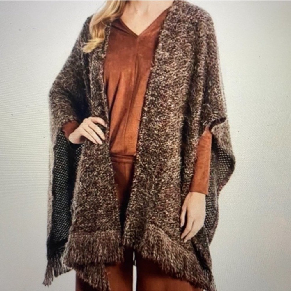 Bryn Walker Open Front Virgin Wool Blend Shawl Wrap Sz M Tweedy‎ Brown Lagenlook